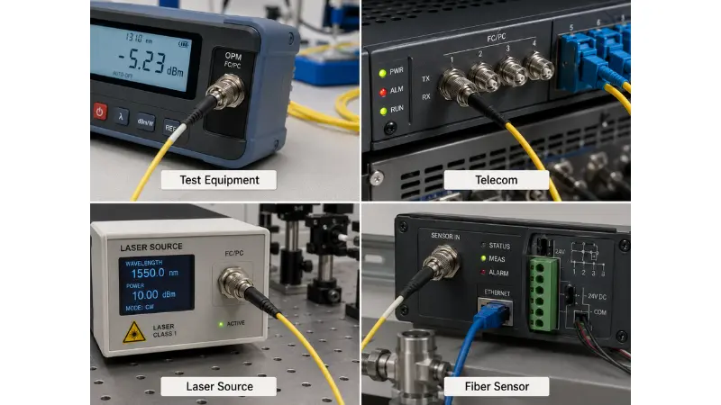 FC fiber connectors used in test equipment, telecom systems, laser sources, and fiber sensor applications