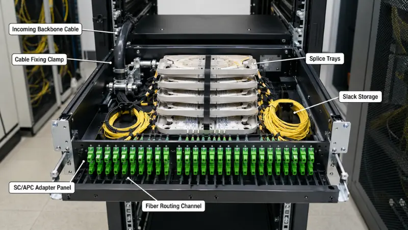 Open ODF optical distribution frame showing incoming backbone cable, splice trays, SC/APC adapter panel, slack storage, and fiber routing channels.