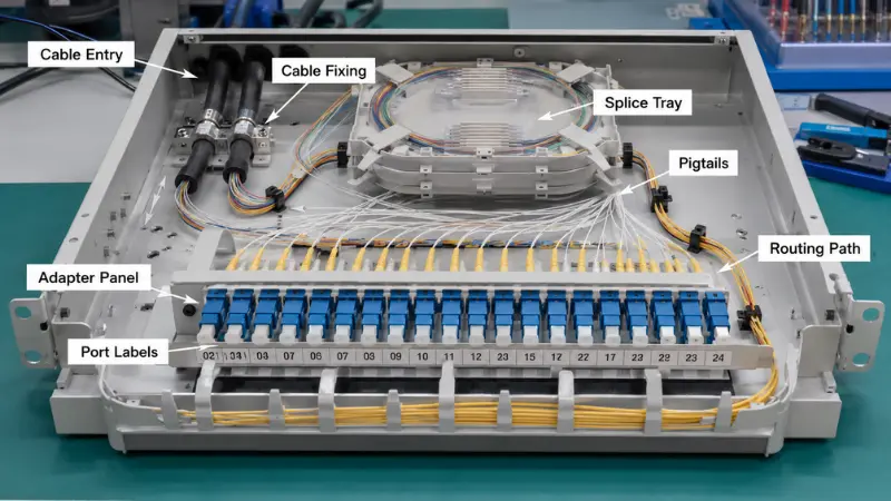Cutaway view of an optical distribution frame showing splice tray, adapter panel, pigtails, patch cords and slack storage